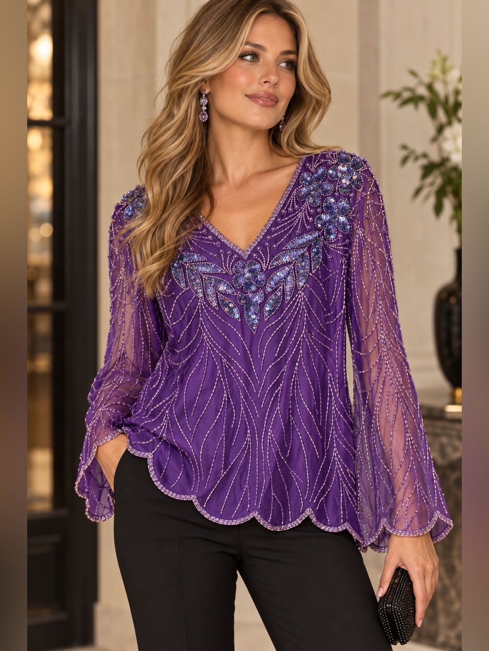 V-Neck Beaded Purple Evening Silk Blouse